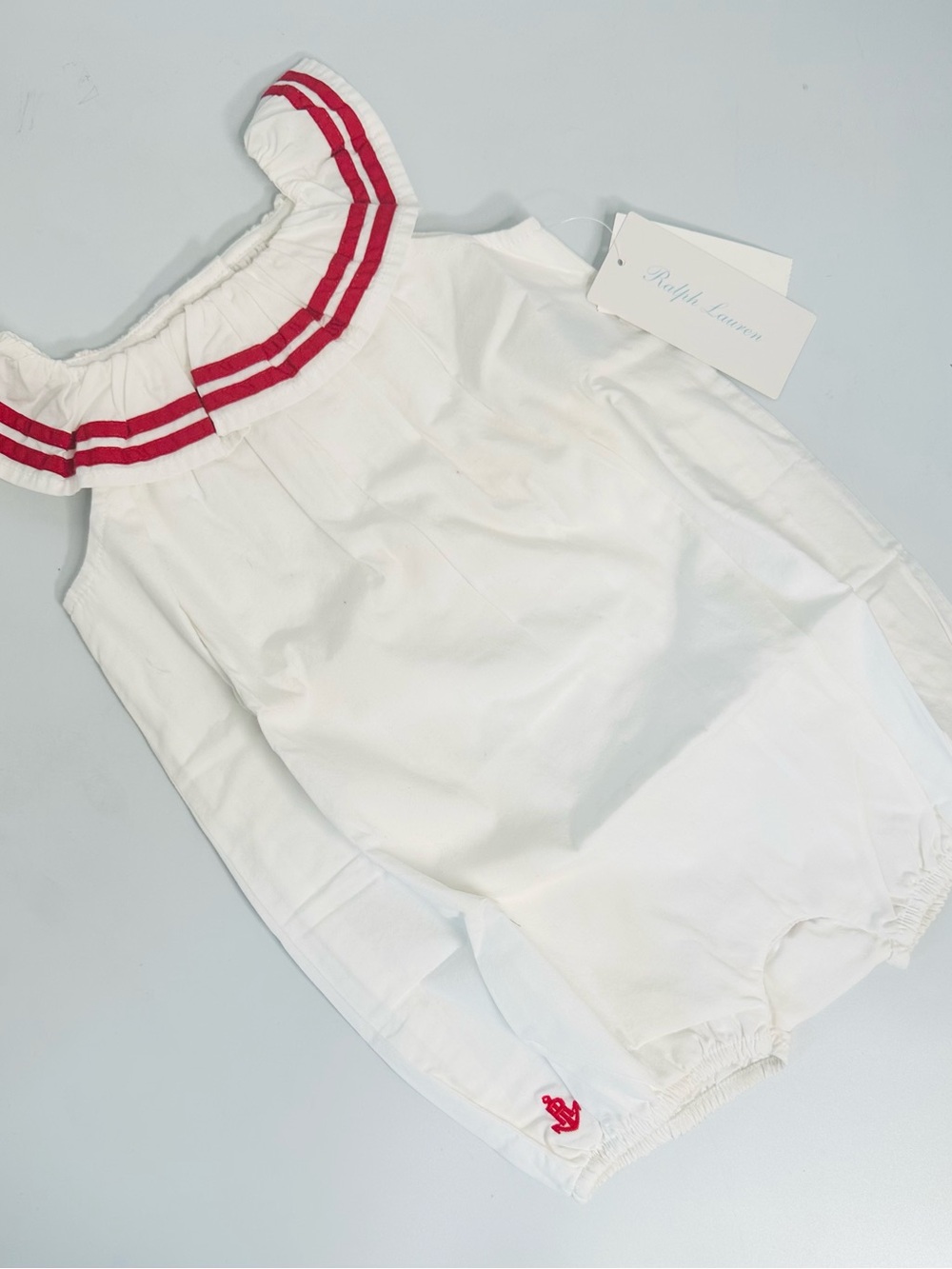 Ralph Lauren White Baby Romper with Red Trim and Anchor